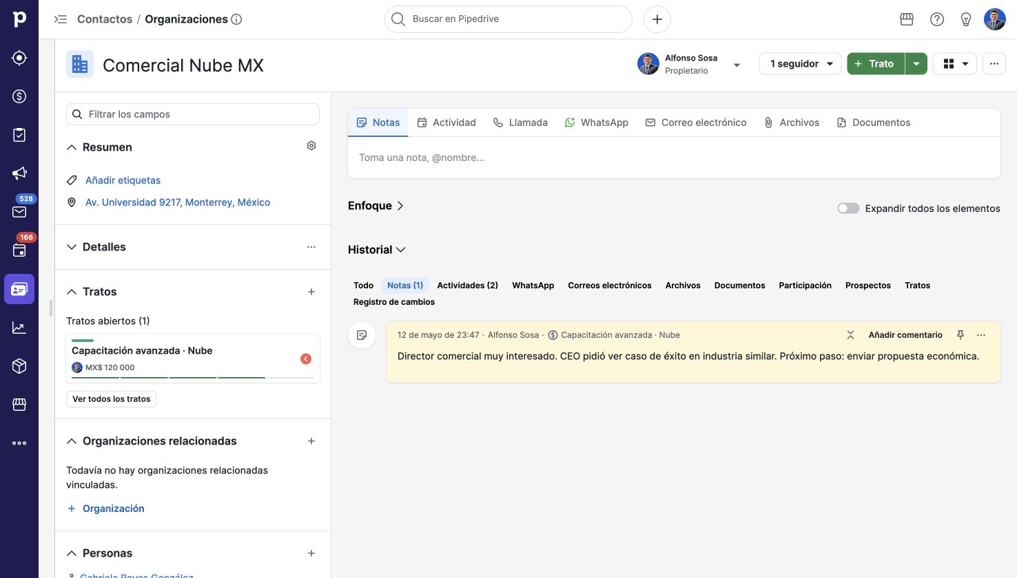 Entender la relación con la empresa. Pipedrive en una cuenta de demostración.